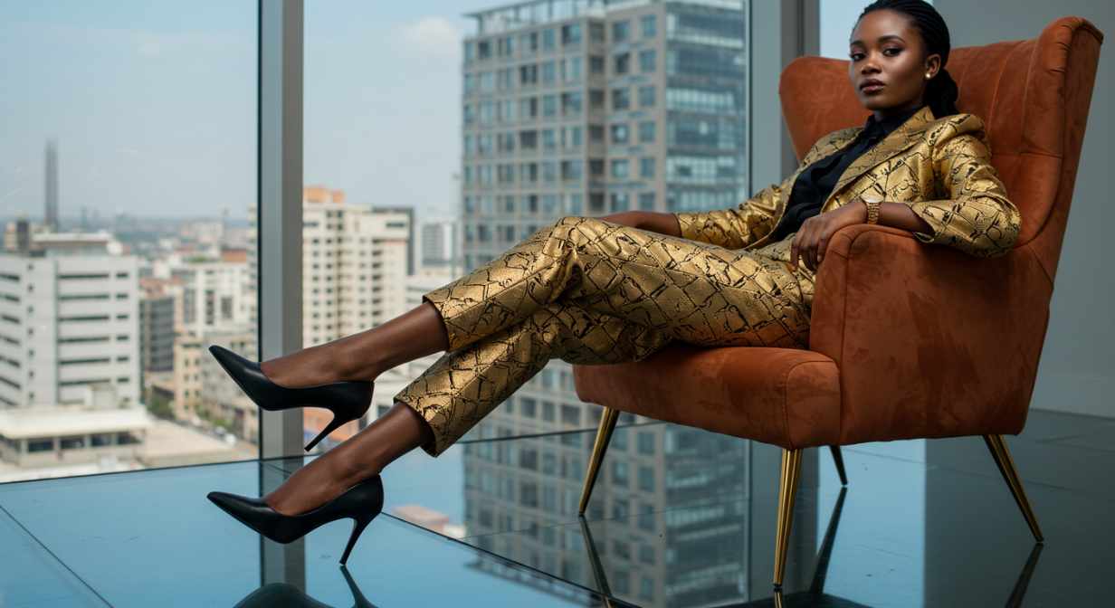 Person wearing a stylish gold suit and heels
